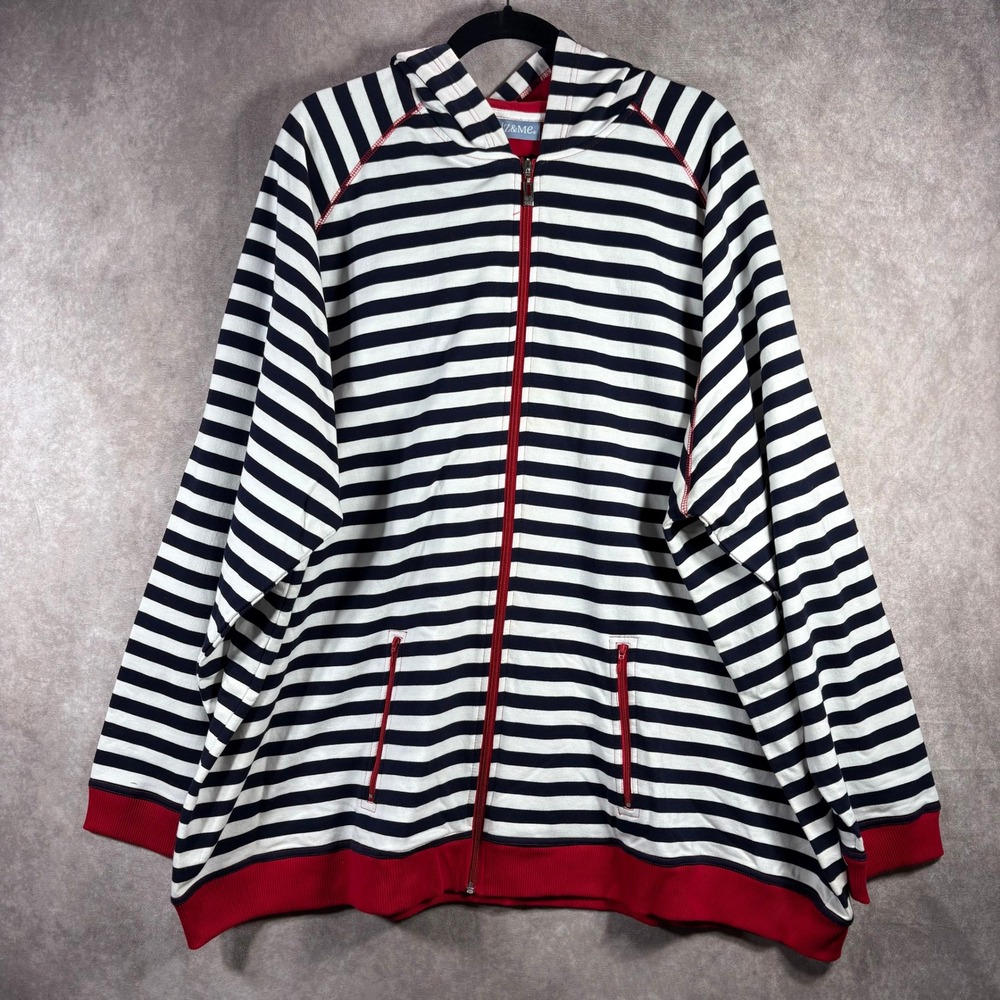 Liz & Me Hoodie Women 4X Blue Striped Zip Up Nautical Cotton Casual Athleisure